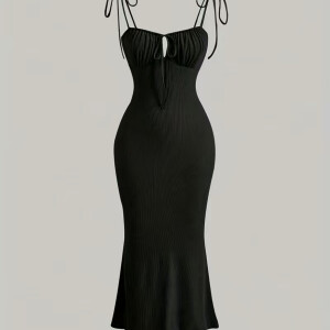 Ribbed Pleat Spaghetti Dress